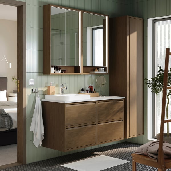 ÄNGSJÖN / BACKSJÖN Meuble de sdb avec lavabo, brun eff chêne/blanc marbré, 49x21 1/2x28 1/4 "