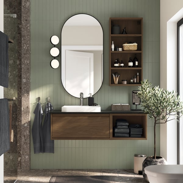 ÄNGSJÖN / BACKSJÖN Meuble de sdb avec lavabo, brun eff chêne/noir marbré, 49x21 1/2x16 1/4 "