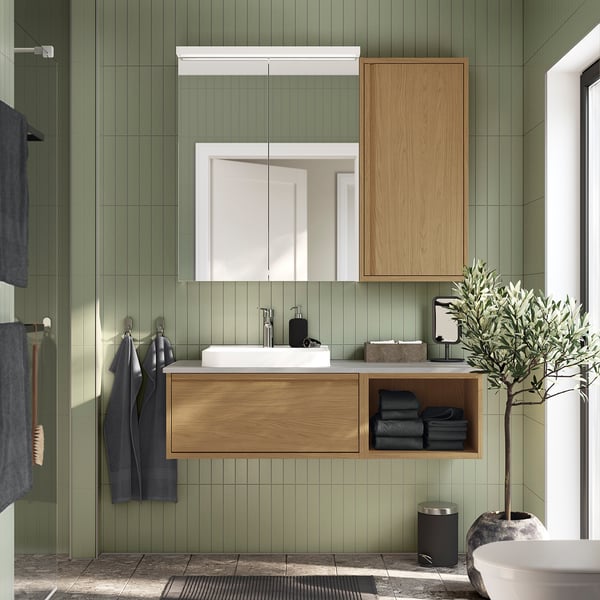 ÄNGSJÖN / BACKSJÖN Meuble de sdb avec lavabo, eff chêne/gris eff pierre, 49x21 1/2x16 1/4 "