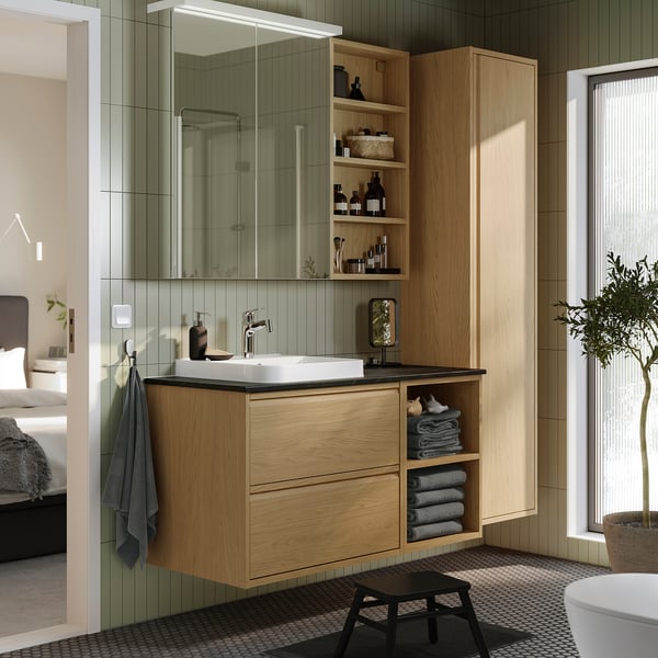 ÄNGSJÖN / BACKSJÖN Meuble de sdb avec lavabo, eff chêne/noir marbré, 49x21 1/2x28 1/4 "