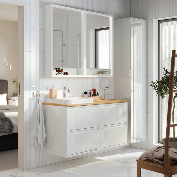 ÄNGSJÖN / BACKSJÖN Meuble de sdb avec lavabo, ultrabrillant blanc/bambou, 49x21 1/2x28 1/4 "