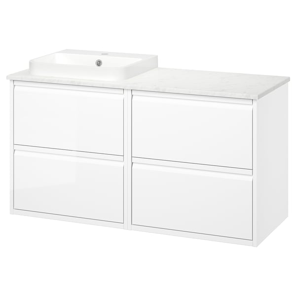 ÄNGSJÖN / BACKSJÖN Meuble de sdb avec lavabo, ultrabrillant blanc/blanc marbré, 49x21 1/2x28 1/4 "