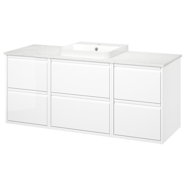 ÄNGSJÖN / BACKSJÖN Meuble de sdb avec lavabo, ultrabrillant blanc/blanc marbré, 61x21 1/2x28 1/4 "