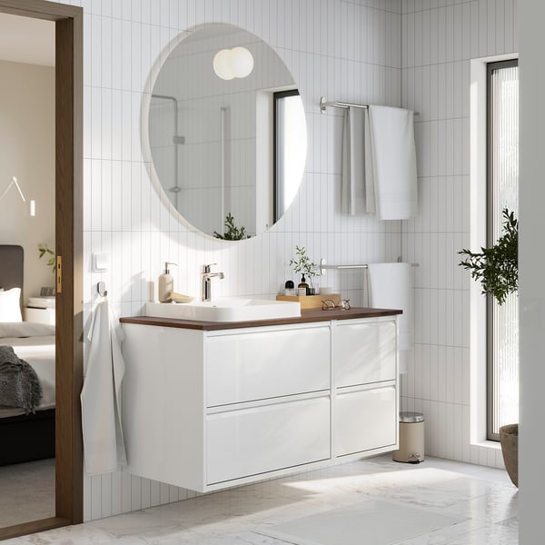 ÄNGSJÖN / BACKSJÖN Meuble de sdb avec lavabo, ultrabrillant blanc/brun effet noyer, 49x21 1/2x28 1/4 "