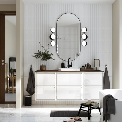 ÄNGSJÖN / BACKSJÖN Meuble de sdb avec lavabo, ultrabrillant blanc/brun effet noyer, 61x21 1/2x28 1/4 "