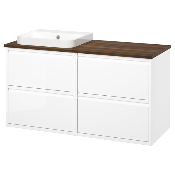 ÄNGSJÖN / BACKSJÖN Meuble de sdb avec lavabo, ultrabrillant blanc/brun effet noyer, 49x21 1/2x28 1/4 "