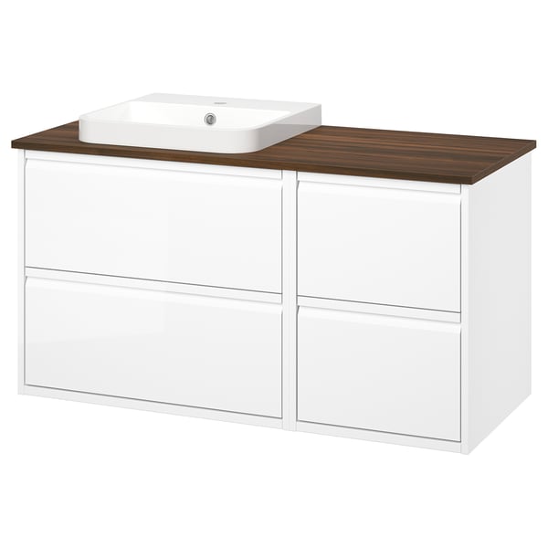 ÄNGSJÖN / BACKSJÖN Meuble de sdb avec lavabo, ultrabrillant blanc/brun effet noyer, 49x21 1/2x28 1/4 "