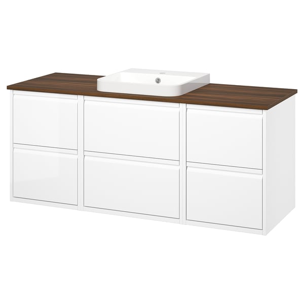 ÄNGSJÖN / BACKSJÖN Meuble de sdb avec lavabo, ultrabrillant blanc/brun effet noyer, 61x21 1/2x28 1/4 "
