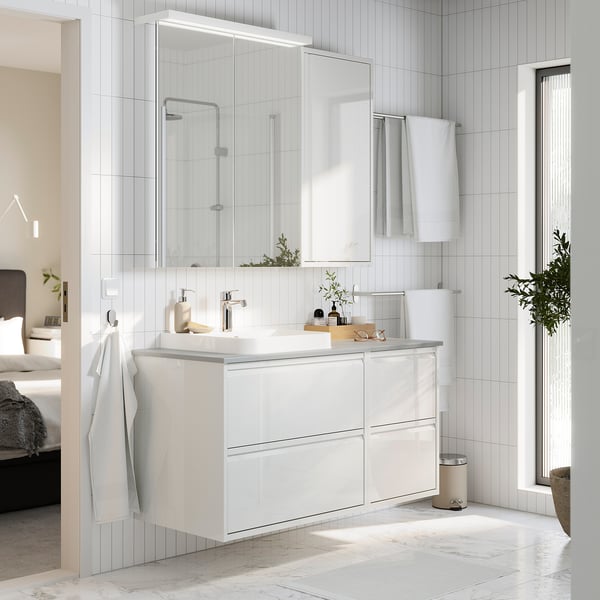 ÄNGSJÖN / BACKSJÖN Meuble de sdb avec lavabo, ultrabrillant blanc/gris eff pierre, 49x21 1/2x28 1/4 "