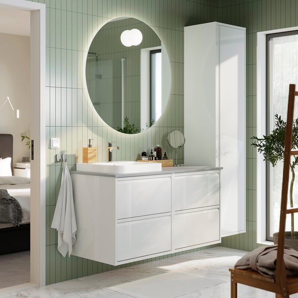 ÄNGSJÖN / BACKSJÖN Meuble de sdb avec lavabo, ultrabrillant blanc/gris eff pierre, 49x21 1/2x28 1/4 "