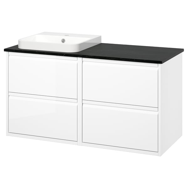 ÄNGSJÖN / BACKSJÖN Meuble de sdb avec lavabo, ultrabrillant blanc/noir marbré, 49x21 1/2x28 1/4 "