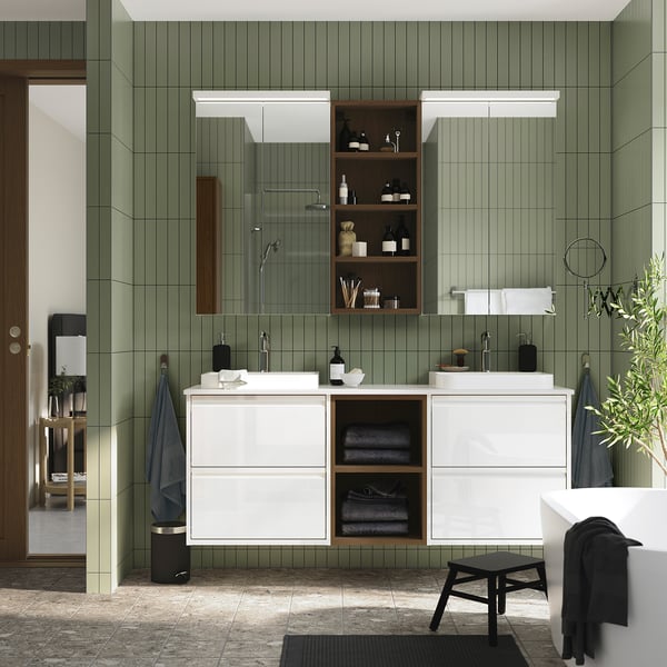 ÄNGSJÖN / BACKSJÖN Meuble de sdb avec lavabos, blanc brillant/effet chêne brun/blanc marbré, 67x21 1/2x28 1/4 "