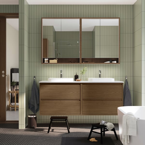 ÄNGSJÖN / BACKSJÖN Meuble de sdb avec lavabos, brun eff chêne/blanc marbré, 61x21 1/2x28 1/4 "