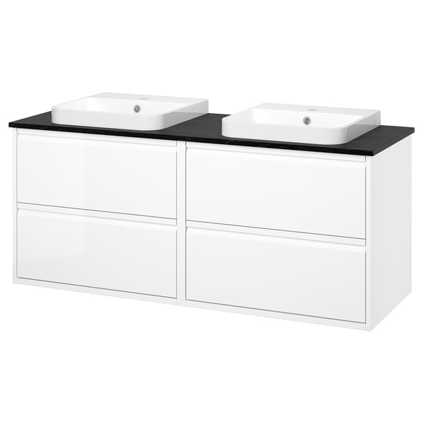 ÄNGSJÖN / BACKSJÖN Meuble de sdb avec lavabos, ultrabrillant blanc/noir marbré, 61x21 1/2x28 1/4 "