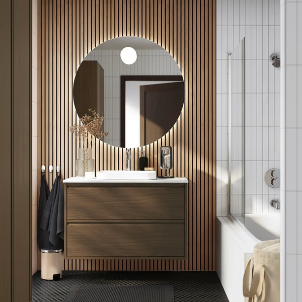 ÄNGSJÖN / BACKSJÖN Meuble sdb avec tiroirs/lavabo, brun eff chêne/blanc marbré, 37x21 1/2x28 1/4 "