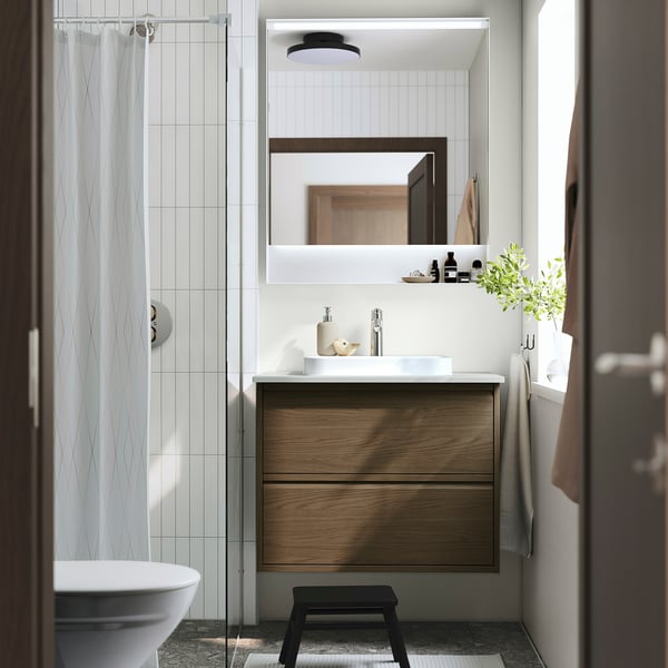 ÄNGSJÖN / BACKSJÖN Meuble sdb avec tiroirs/lavabo, brun eff chêne/gris eff pierre, 31x21 1/2x28 1/4 "