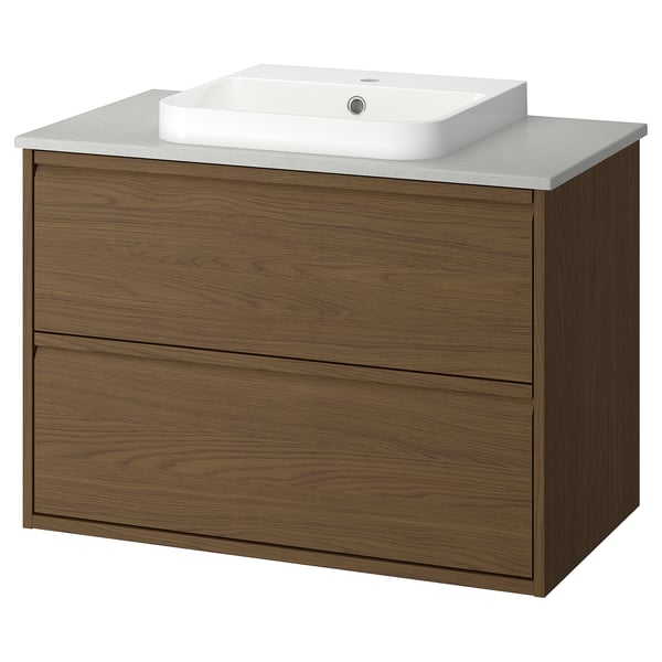 ÄNGSJÖN / BACKSJÖN Meuble sdb avec tiroirs/lavabo, brun eff chêne/gris eff pierre, 37x21 1/2x28 1/4 "