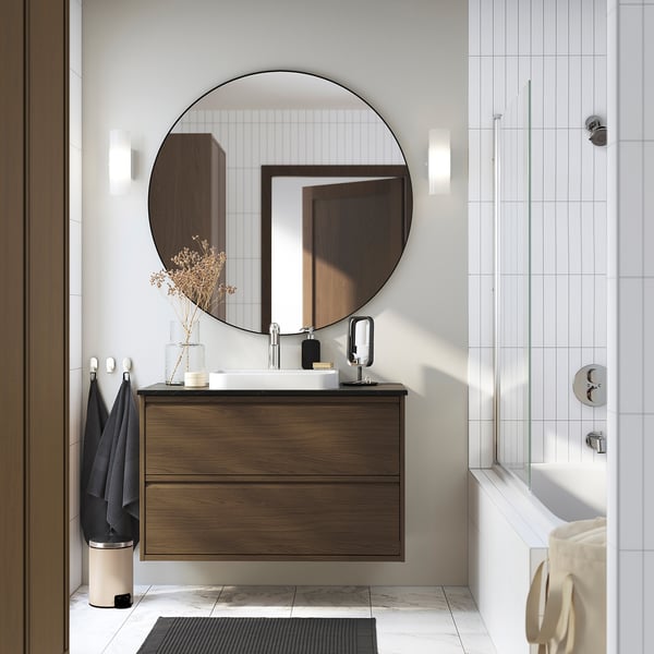 ÄNGSJÖN / BACKSJÖN Meuble sdb avec tiroirs/lavabo, brun eff chêne/noir marbré, 37x21 1/2x28 1/4 "