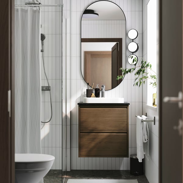 ÄNGSJÖN / BACKSJÖN Meuble sdb avec tiroirs/lavabo, brun eff chêne/noir marbré, 25x21 1/2x28 1/4 "