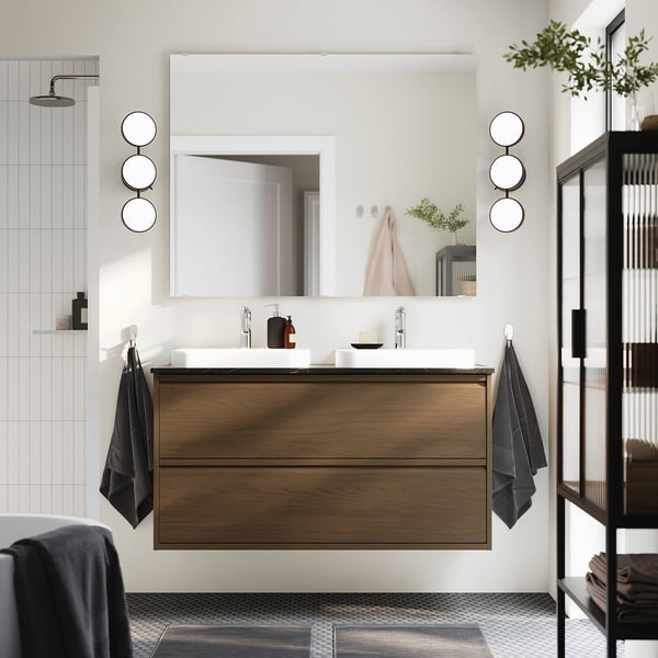 ÄNGSJÖN / BACKSJÖN Meuble sdb avec tiroirs/lavabo, brun eff chêne/noir marbré, 49x21 1/2x28 1/4 "