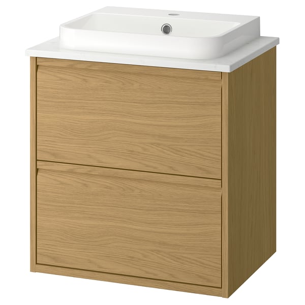 ÄNGSJÖN / BACKSJÖN Meuble sdb avec tiroirs/lavabo, eff chêne/blanc marbré, 25x21 1/2x28 1/4 "