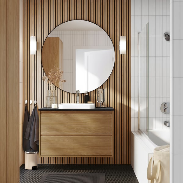 ÄNGSJÖN / BACKSJÖN Meuble sdb avec tiroirs/lavabo, eff chêne/noir marbré, 37x21 1/2x28 1/4 "