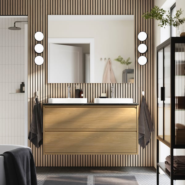 ÄNGSJÖN / BACKSJÖN Meuble sdb avec tiroirs/lavabo, eff chêne/noir marbré, 49x21 1/2x28 1/4 "