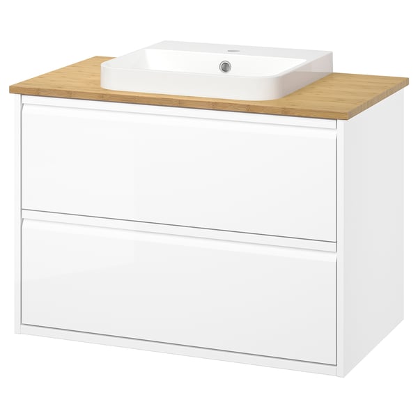 ÄNGSJÖN / BACKSJÖN Meuble sdb avec tiroirs/lavabo, ultrabrillant blanc/bambou, 37x21 1/2x28 1/4 "