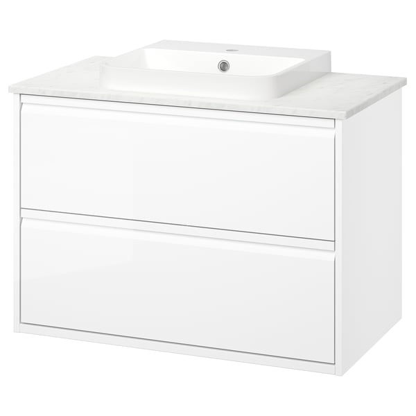 ÄNGSJÖN / BACKSJÖN Meuble sdb avec tiroirs/lavabo, ultrabrillant blanc/blanc marbré, 37x21 1/2x28 1/4 "