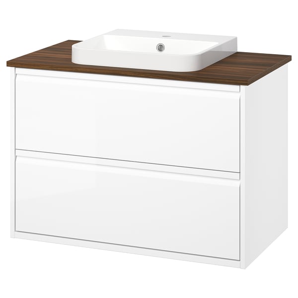 ÄNGSJÖN / BACKSJÖN Meuble sdb avec tiroirs/lavabo, ultrabrillant blanc/brun effet noyer, 37x21 1/2x28 1/4 "
