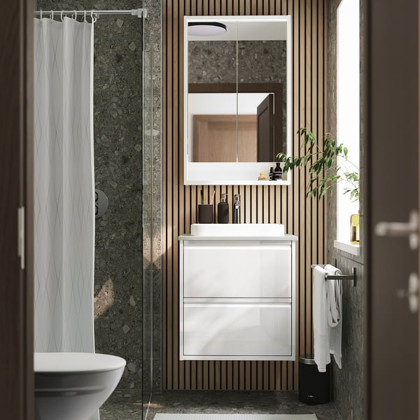 ÄNGSJÖN / BACKSJÖN Meuble sdb avec tiroirs/lavabo, ultrabrillant blanc/gris eff pierre, 25x21 1/2x28 1/4 "