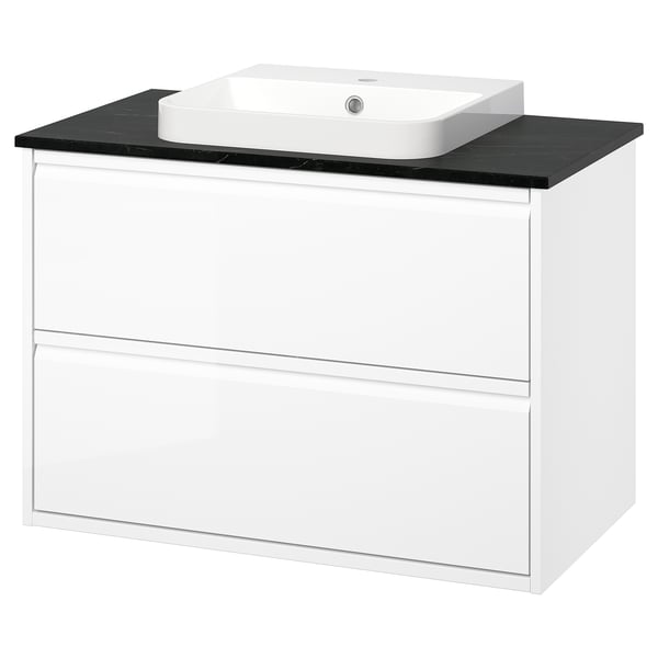 ÄNGSJÖN / BACKSJÖN Meuble sdb avec tiroirs/lavabo, ultrabrillant blanc/noir marbré, 37x21 1/2x28 1/4 "