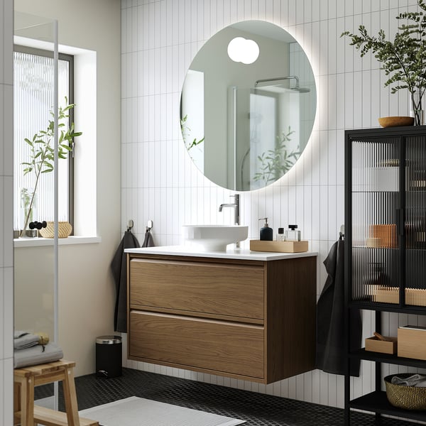 ÄNGSJÖN / LERSJÖN Meuble sdb avec tiroirs/lavabo, brun eff chêne/blanc marbré, 37x21 1/2x31 3/8 "