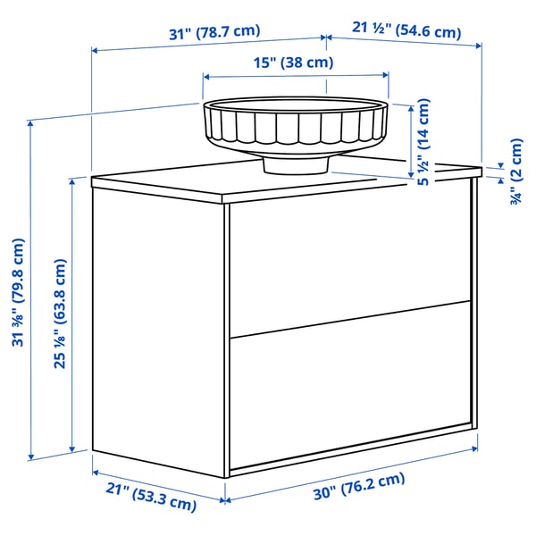 ÄNGSJÖN / LERSJÖN Meuble sdb avec tiroirs/lavabo, eff chêne/blanc marbré, 31x21 1/2x31 3/8 "