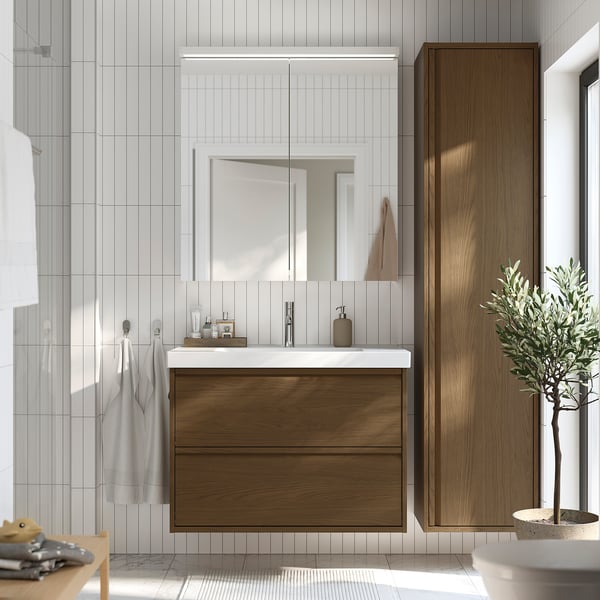 ÄNGSJÖN / ORRSJÖN Meuble sdb avec tiroirs/lavabo, brun eff chêne, 37x21 3/4x27 5/8 "