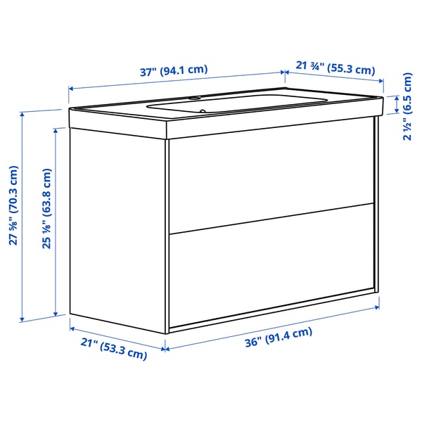 ÄNGSJÖN / ORRSJÖN Meuble sdb avec tiroirs/lavabo, brun eff chêne, 37x21 3/4x27 5/8 "