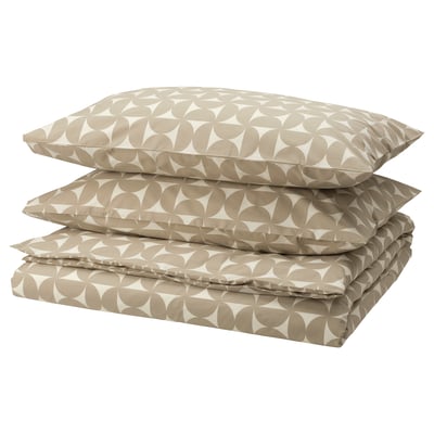 ÄNGSNEJLIKA Housse de couette et taie(s), gris-beige/blanc cassé, Très grand 2 places