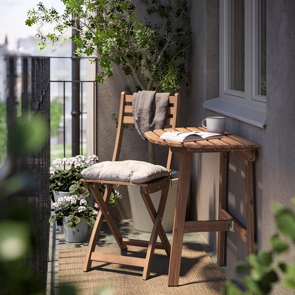 ASKHOLMEN Table mur+1 chaise pliante, ext, brun foncé/Kuddarna gris-beige clair, 27 1/2x17 3/8 "