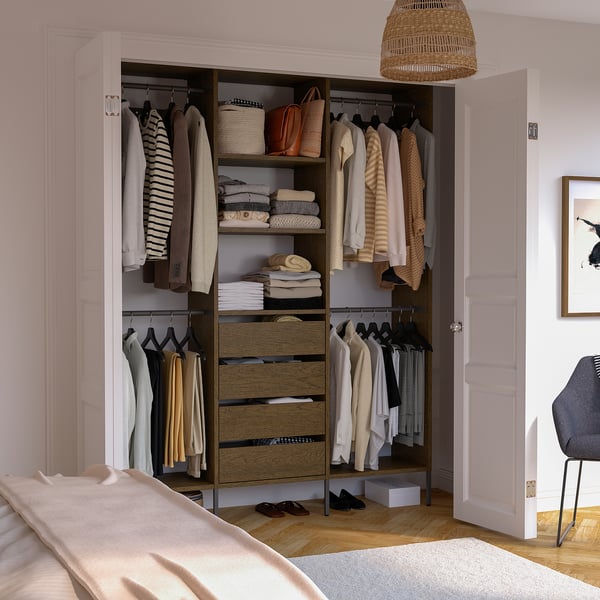 AURDAL Agencement armoire-penderie, brun chêne plaqué teinté/gris foncé, 74 3/4x15 3/4x87 "