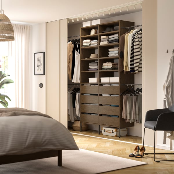 AURDAL Agencement armoire-penderie, brun chêne plaqué teinté/gris foncé, 92 1/8-118 1/8x15 3/4x87 "