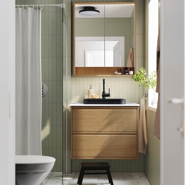 BACKSJÖN Lavabo semi-encastré avec siphon, noir, 20x19 5/8 "