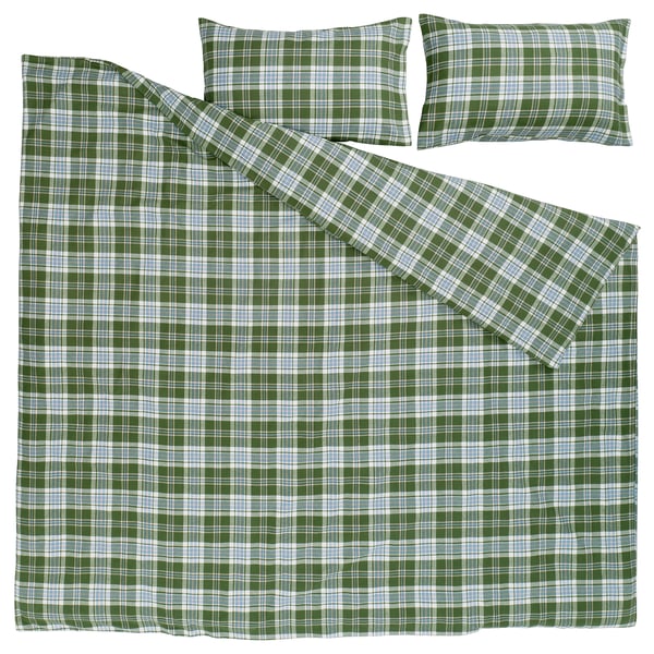 BANBJÖRNBÄR Housse de couette et taie(s), vert foncé/carreaux, Très grand 2 places