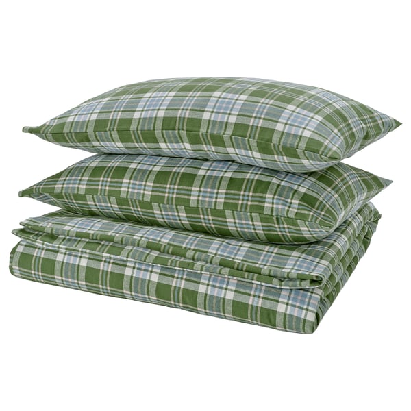 BANBJÖRNBÄR Housse de couette et taie(s), vert foncé/carreaux, Très grand 2 places