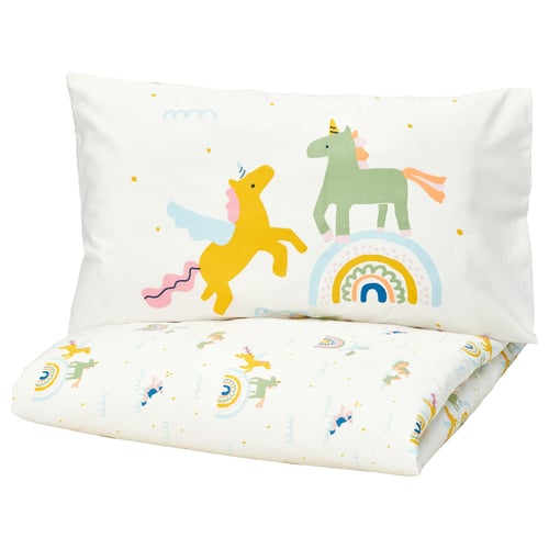 BARNDRÖM Housse de couette et taie, blanc multicolore/motif licorne, 1 place