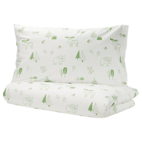 BARNDRÖM Housse de couette et taie, blanc vert/forêt, 1 place