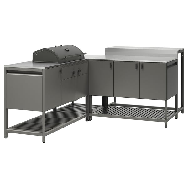 BÅTSKÄR Cuisine ext bbq charbon+table bar, gris foncé, 86 5/8x70 7/8 "