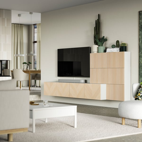 BESTÅ Agencement rangement média, blanc Björköviken/Hedeviken frêne plaqué, 118 1/8x16 1/2x44 7/8 "