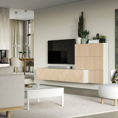 BESTÅ Agencement rangement média, blanc Björköviken/Hedeviken frêne plaqué, 118 1/8x16 1/2x44 7/8 "