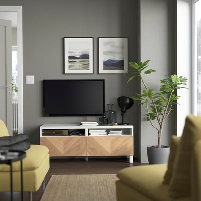 BESTÅ Meuble télé avec tiroirs, blanc/Hedeviken/Stubbarp chêne plaqué, 47 1/4x16 1/2x18 7/8 "