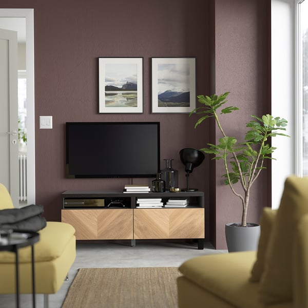BESTÅ Meuble télé avec tiroirs, brun-noir Hedeviken/Stubbarp/chêne plaqué, 47 1/4x16 1/2x18 7/8 "